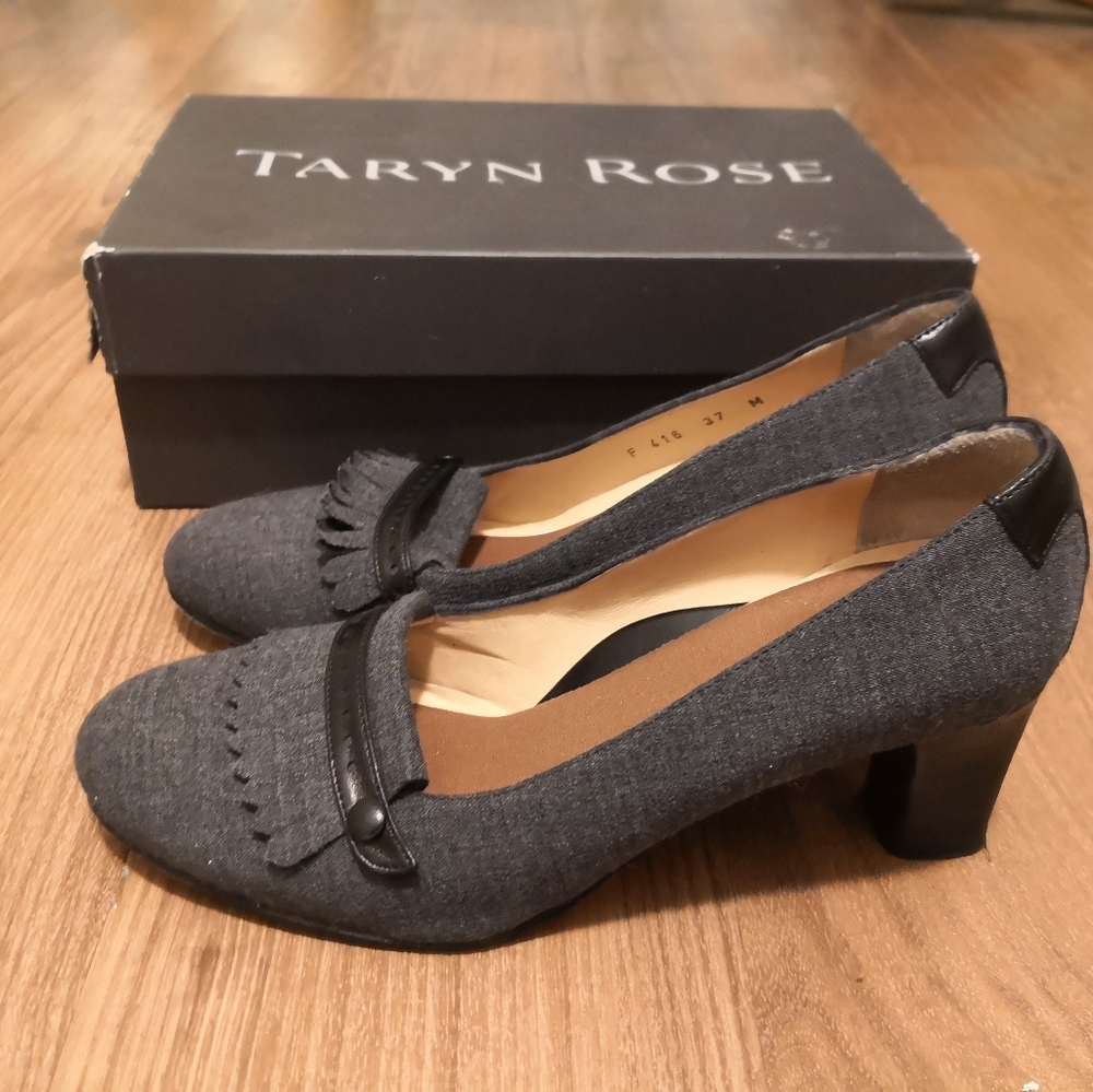 Taryn Rose Gray Woven and Leather Block Heel Pumps